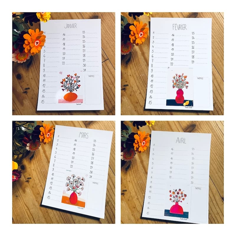 Pages d'un calendrier d'anniversaires perpetuel avec des motifs de fleurs