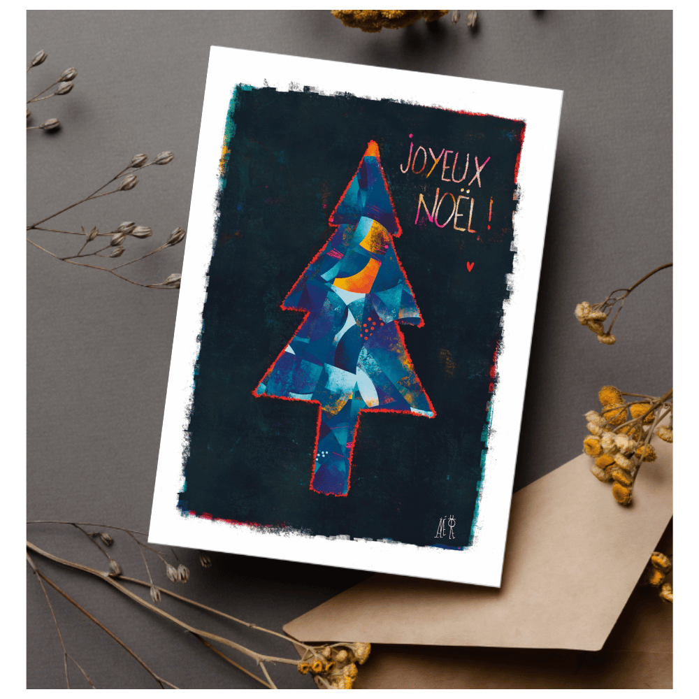 Carte postale avec un sapin dans les tons bleus sur fond bleu foncé. Idéale pour souhaiter un joyeux noël 