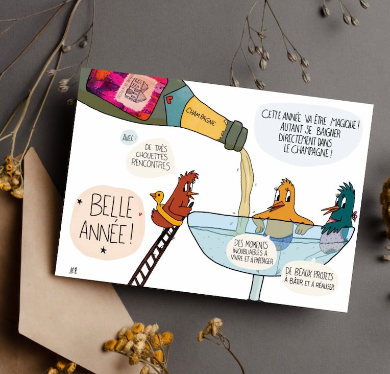 carte de voeux représentant trois oiseaux qui se baignent dans un verre de champagne