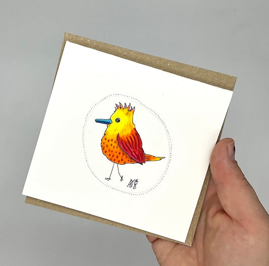 Carte double unique avec le dessin d'un oiseau dans les tons oranges. Idéale pour offrir ou décorer un mur