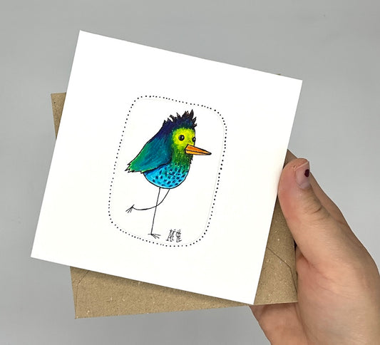 Carte double unique avec le dessin d'un oiseau dans les tons bleus. Idéale pour un anniversaire, féliciter un proche ou décorer un intérieur. 
