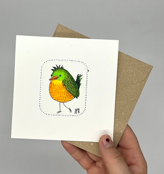 Carte double unique avec le dessin d'un oiseau au ventre jaune et tête verte. Idéale pour accompagner un cadeau.