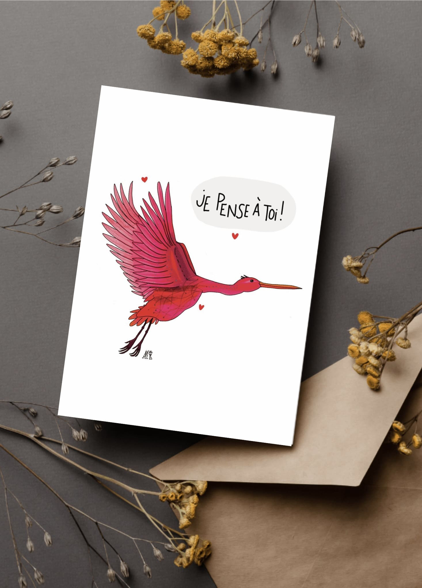 Carte postale représentant une grue rose. Réalisée sur tablette graphique et imprimée en petite quantité. Idéale pour un proche. Je pense à toi. Papeterie de créateur français. 