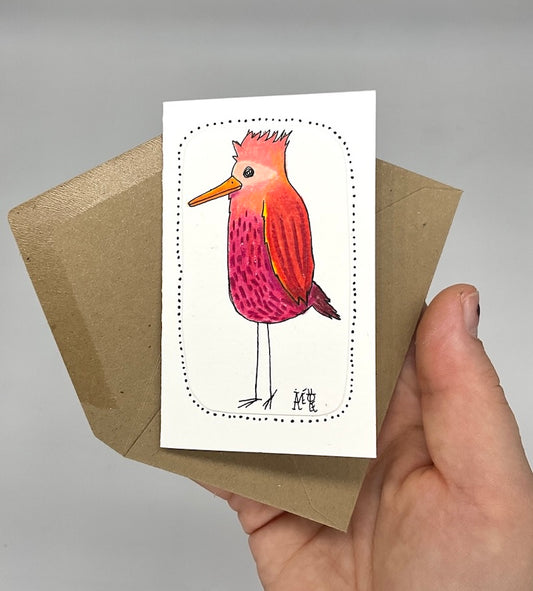 Carte double unique avec le dessin d'un oiseau rose et rouge. cadeau unique, décoration