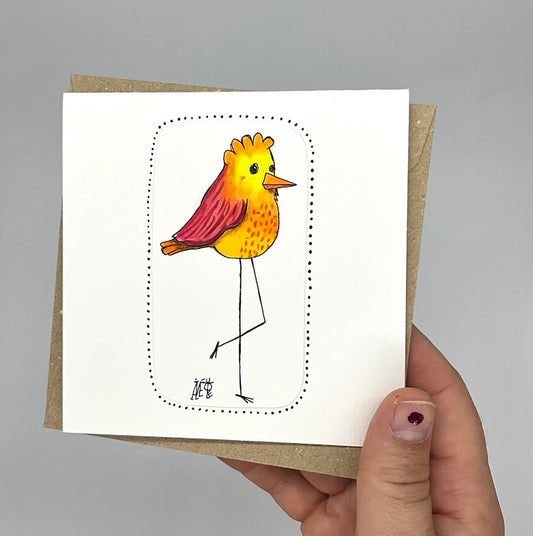 Carte double unique avec le dessin d'un oiseau jaune avec ailes rose. Carte idéale pour offrir à un proche ou à encadrer