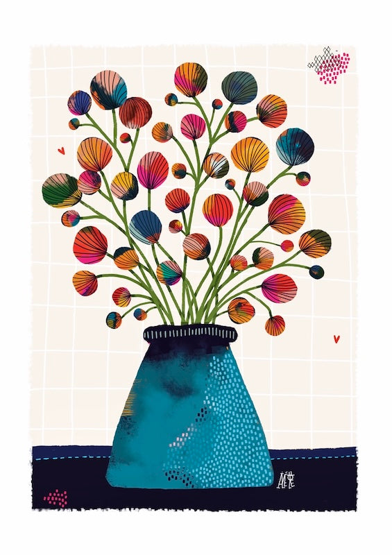 Illustration d'un bouquet de fleurs en forme de boules multicolores.