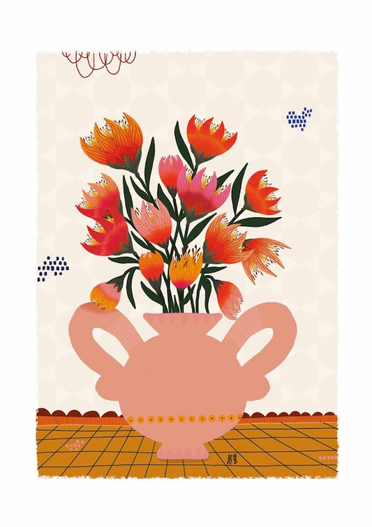 Illustration d'un bouquet au vase saumon. Vase en forme d'amphore. 