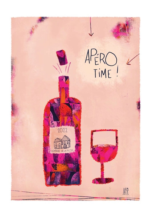 illustration représentant une bouteille de vin avec son verre. Un étiquette indiquant "maison de la picole 2022". Apéro time. Affiche idéale pour décorer une cuisine ou offrir à un proche. 
