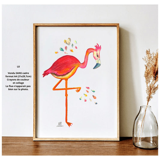 Flamand rose dessiné aux crayons de couleurs, traces de fluo. Coeur et gouttes collés 