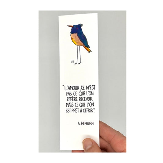 Marque page avec citation et un dessin d'oiseau. Design réalisé sur une tablette graphique. Idéal pour un collectionneur 