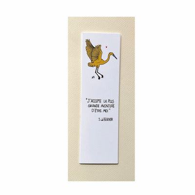 Marque-pages avec un dessin d'une grue jaune et une citation de Simone de Beauvoir. Idée cadeau, cadeau anniversaire, cadeau noel 