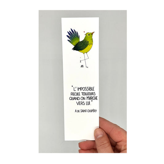 Marque page avec un dessin d'oiseau et une citation