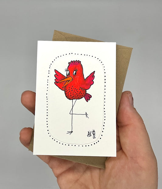 Carte double unique avec le dessin d'un oiseau rouge. petite carte double