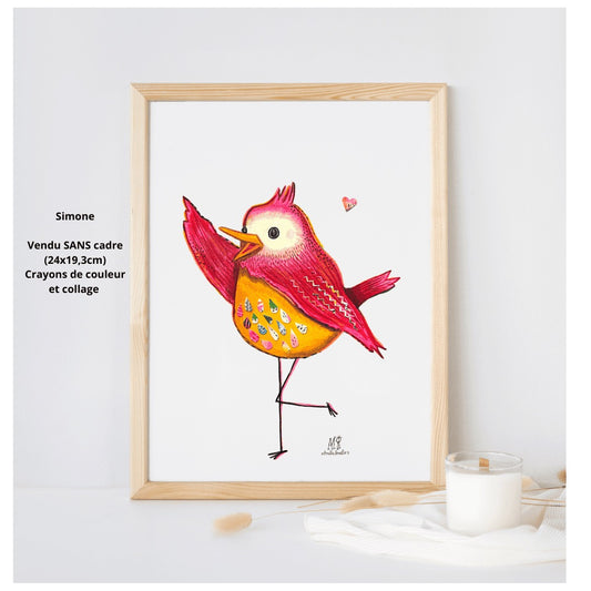 Oiseau inventé, dessiné aux crayons de couleurs avec collage. traces de fluo. ventre jaune et ailes rouges. Pièce unique