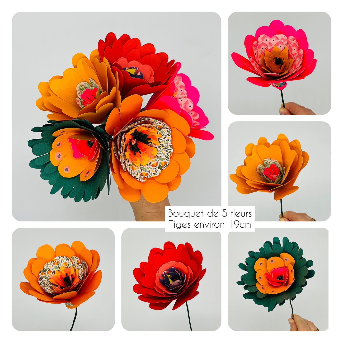 Bouquet de 5 fleurs en papier uniques et colorées