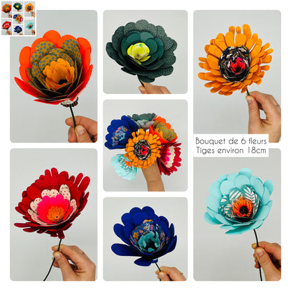 Bouquet de 6 fleurs en papier uniques et colorées.