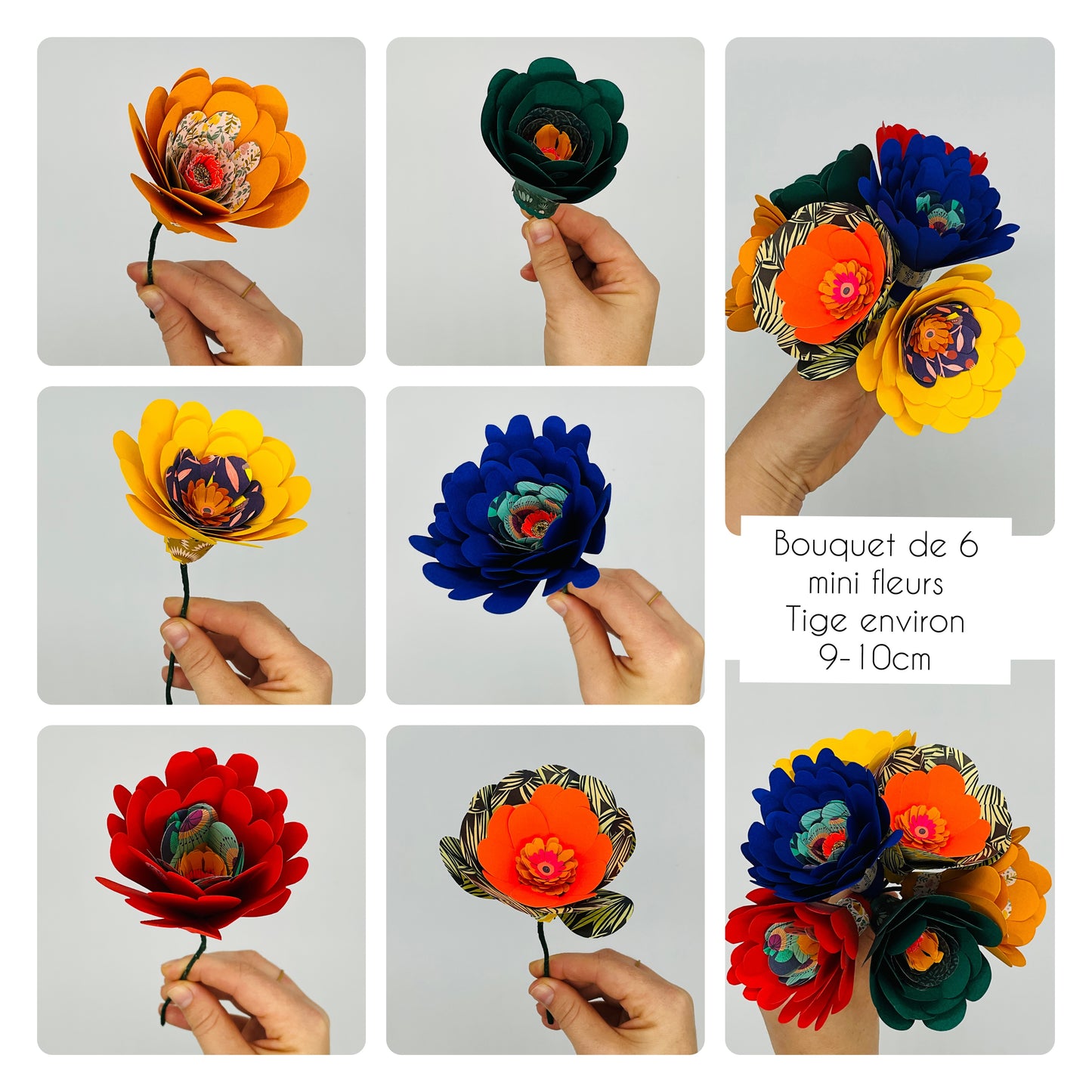 Bouquet de 6 mini fleurs en papier découpées à la main. Pièces uniques