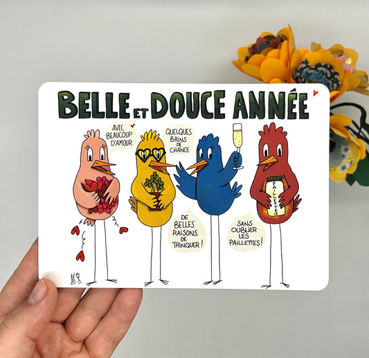 Carte de voeux représentant 4 oiseaux souhaitant de bonnes choses : amour, chance, paillettes