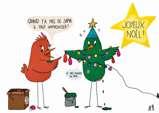 carte postale humoristique représentant deux oiseaux. L'un a été peint en vert déguisé en sapin. 