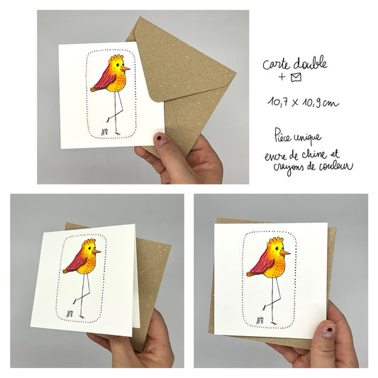 Carte double carrée. Dessin réalisé à la main sur du papier 300G avec de l'encre de Chine et des crayons de couleur. Le dessin représente un oisau aux longues pattes, il est jaune avec une aile rose. La carte est fournie avec son enveloppe. 