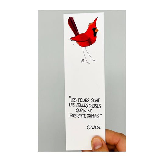 Marque-page représentant un oiseau cardinal et avec une citation d'Oscar Wilde