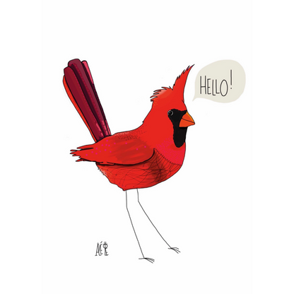 Carte postale de format A6 (Classique) Un cardinal rouge avec une bulle au-dessus : "Hello!"