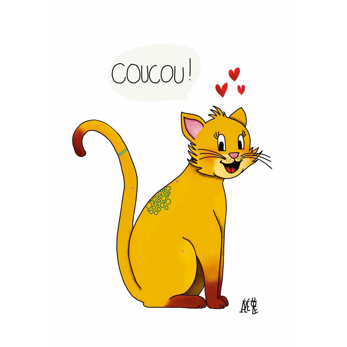 Carte postale de format A6 (Classique) un chat jaune assis de profil mais qui a sa tête vers le spectateur. Une bulle au-dessus : "Coucou!" avec 3 coeurs.