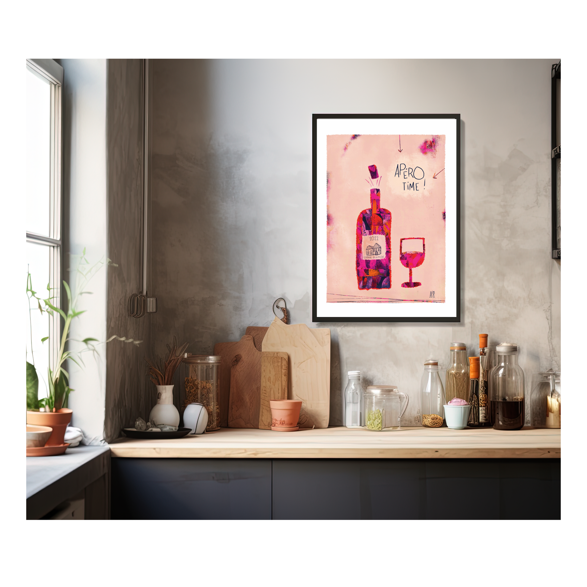 Affiche représentant une bouteille de vin et un verre à pied. le bouchon saute. L'étiquette de la bouteille représente un petit domaine et il est écrit "dommaine de la picole". Le fond de l'illustration est de couleur saumon. il est écrit "apéro time"