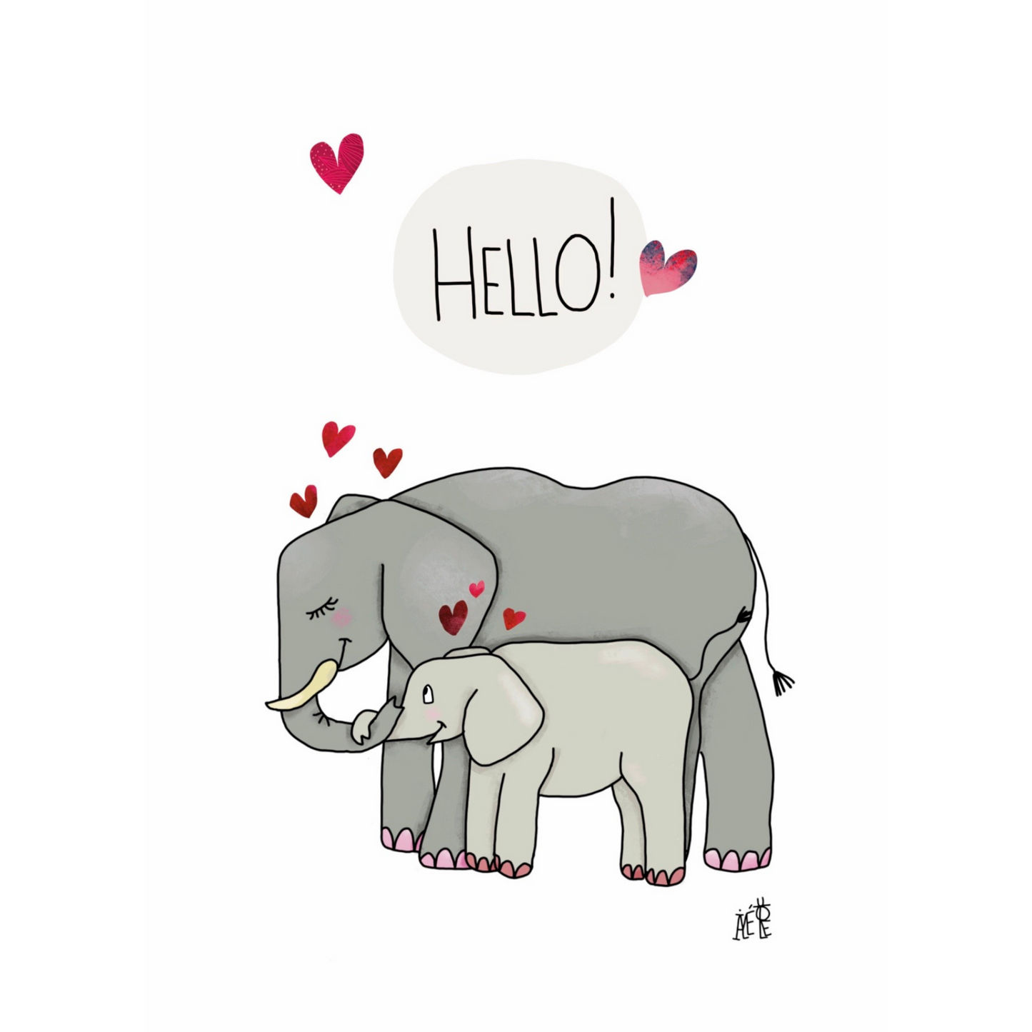 Carte postale de format A6 (Classique) Un éléphant gris et son petits se tiennent par la trompe. Plein de coeurs autour. Au-dessus une bulle où il est écrit :"Hello!"