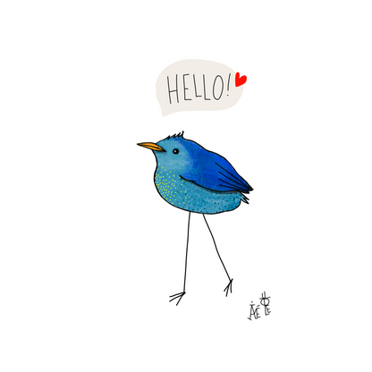Carte postale de format A6 (Classique) un Oiseau au ventre bleu clair et aux ailes bleues foncées. Une bulle au-dessus "Hello !" avec un coeur
