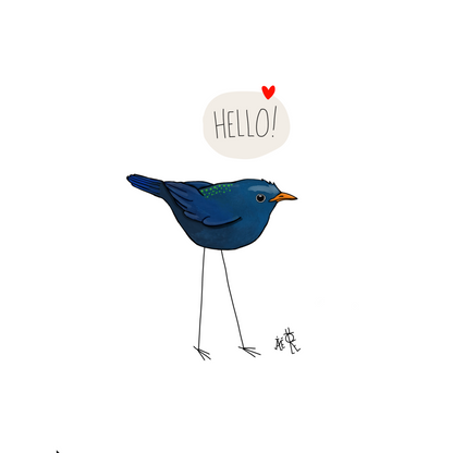 Carte postale de format A6 (Classique) un oiseau qui peut ressembler à un merle. Bleu foncé. Une bulle au-dessus : "Hello!" avec un coeur