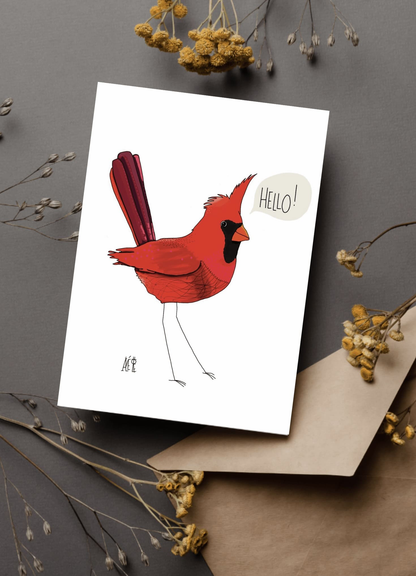 Carte postale de format A6 (Classique) Un cardinal rouge avec une bulle au-dessus : "Hello!"