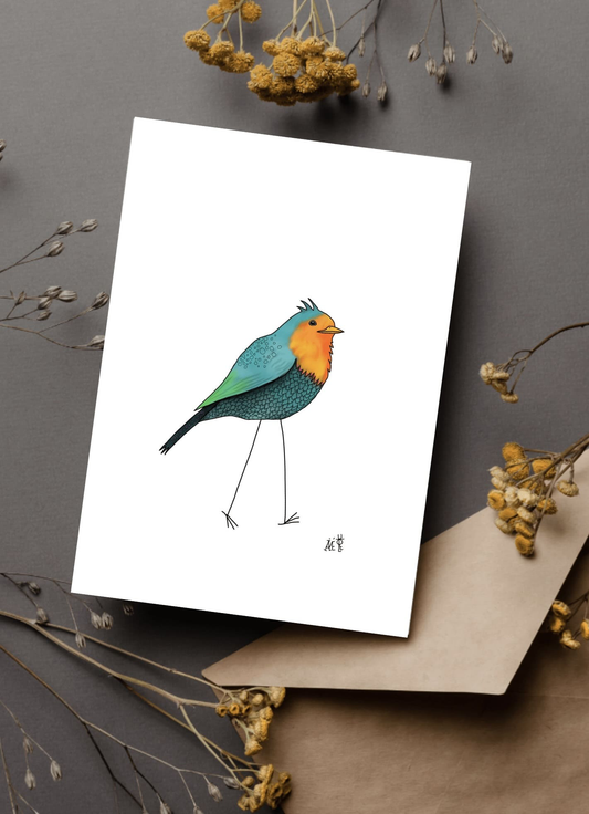 carte postale représentant un oiseau à la tête orange et un corps et ailes bleus. Idéale pour un adulte