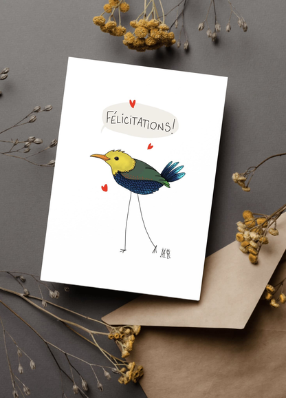Carte postale représentant un oiseau à la tête jaune, corps bleu et ailes vertes adressant des félicitations. 