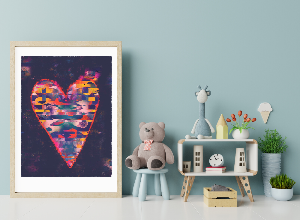 Grand coeur multicolore sur un fond violet foncé. Idéale pour décorer une chambre