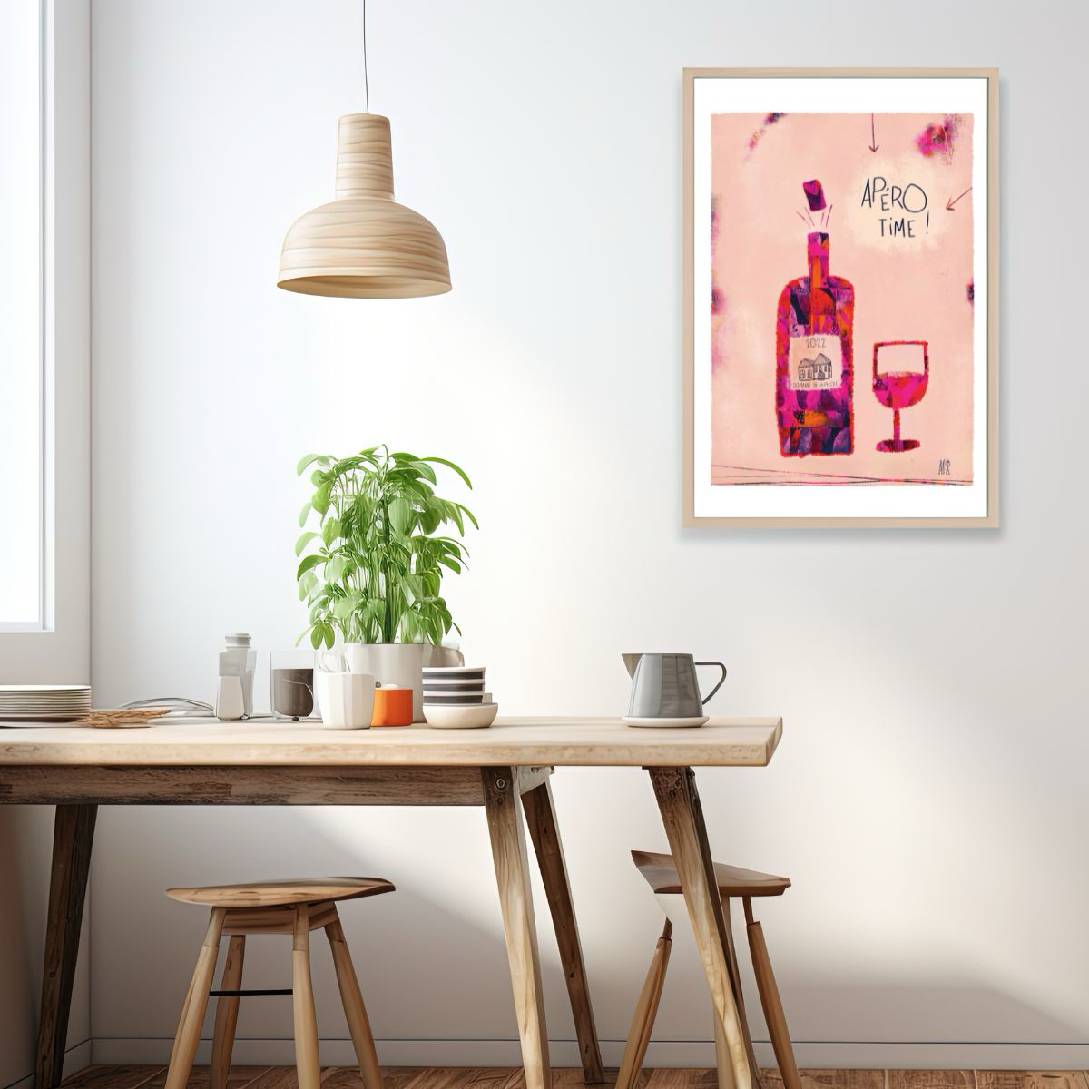Affiche représentant une bouteille de vin et un verre à pied. le bouchon saute. L'étiquette de la bouteille représente un petit domaine et il est écrit "dommaine de la picole". Le fond de l'illustration est de couleur saumon. il est écrit "apéro time"